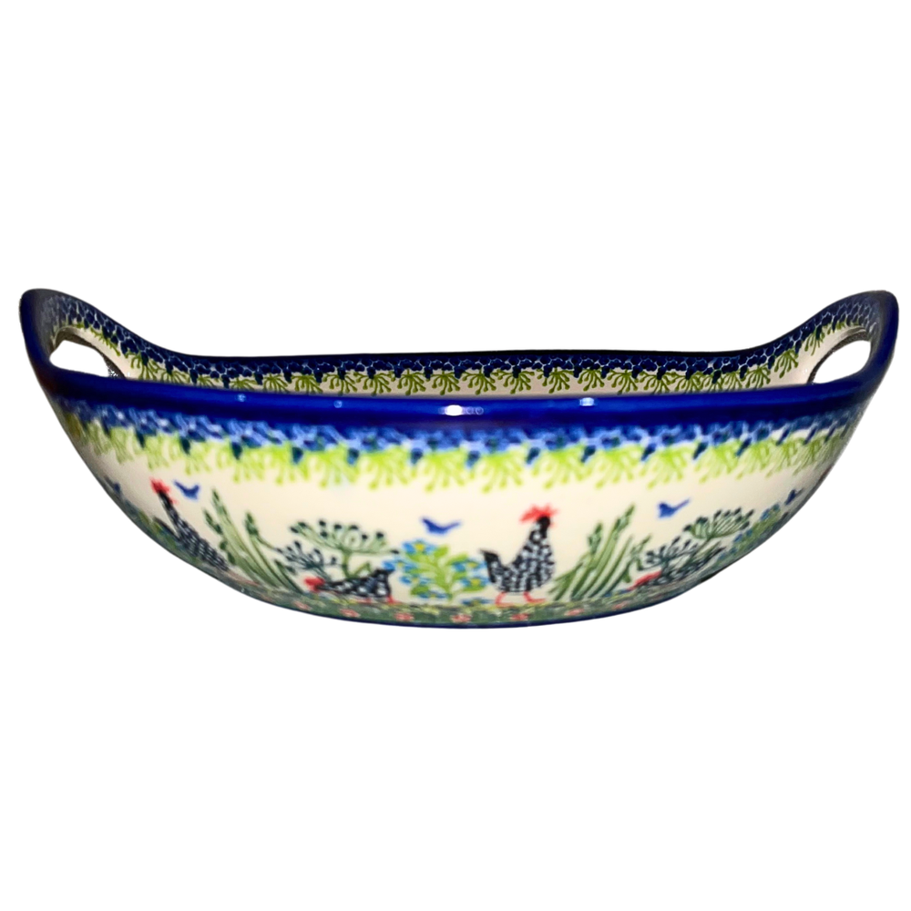 kalich polish pottery 10 inch bowl with handles polka chicken 950